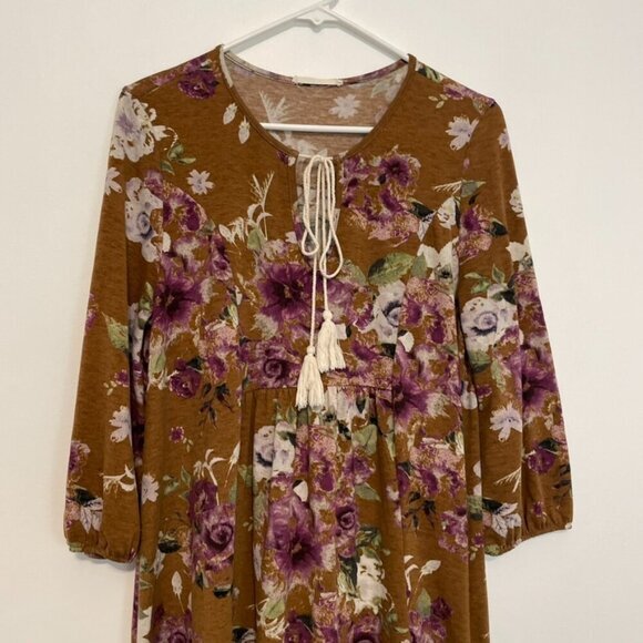 ENTRO Brown Tan Purple Multi Floral 3/4 Sleeve Tassel Tie Boho Fit & Flare Dress - Picture 2 of 11